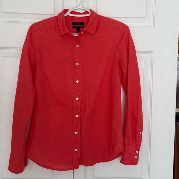 J. Crew Tops - J Crew Linen Blend Coral Pink Button-Down Shirt Size 2